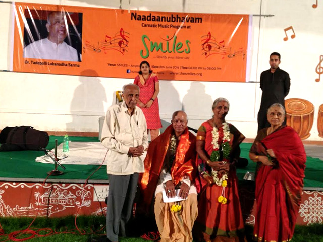 Sri. Gowra Venkata Ratnam ( Settlor Of Smiles) And Smt. Gowra Leelavathamma Honouring Dr. Tadepally Lokanadha Sarma On The Eve Of Naadaanubhavam Karnatic Music At Smiles Amphi Theatre On 8th June 2014